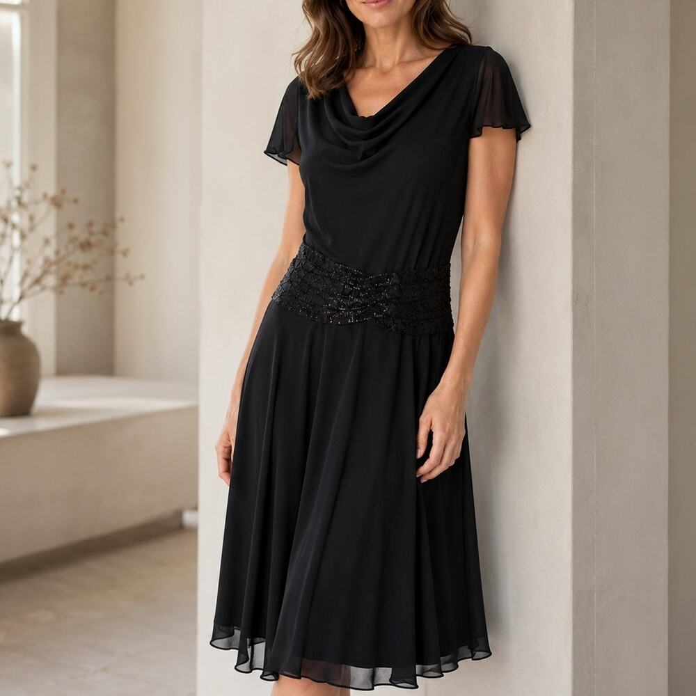 Liz Claiborne Black Chiffon Dress 12 Beaded Waist Drape Neck A Line Cocktail